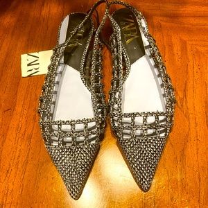 ZARA Denim Blue & Black Faux Lizard Slingback Pointed Toe Caged Flats Size 41/10